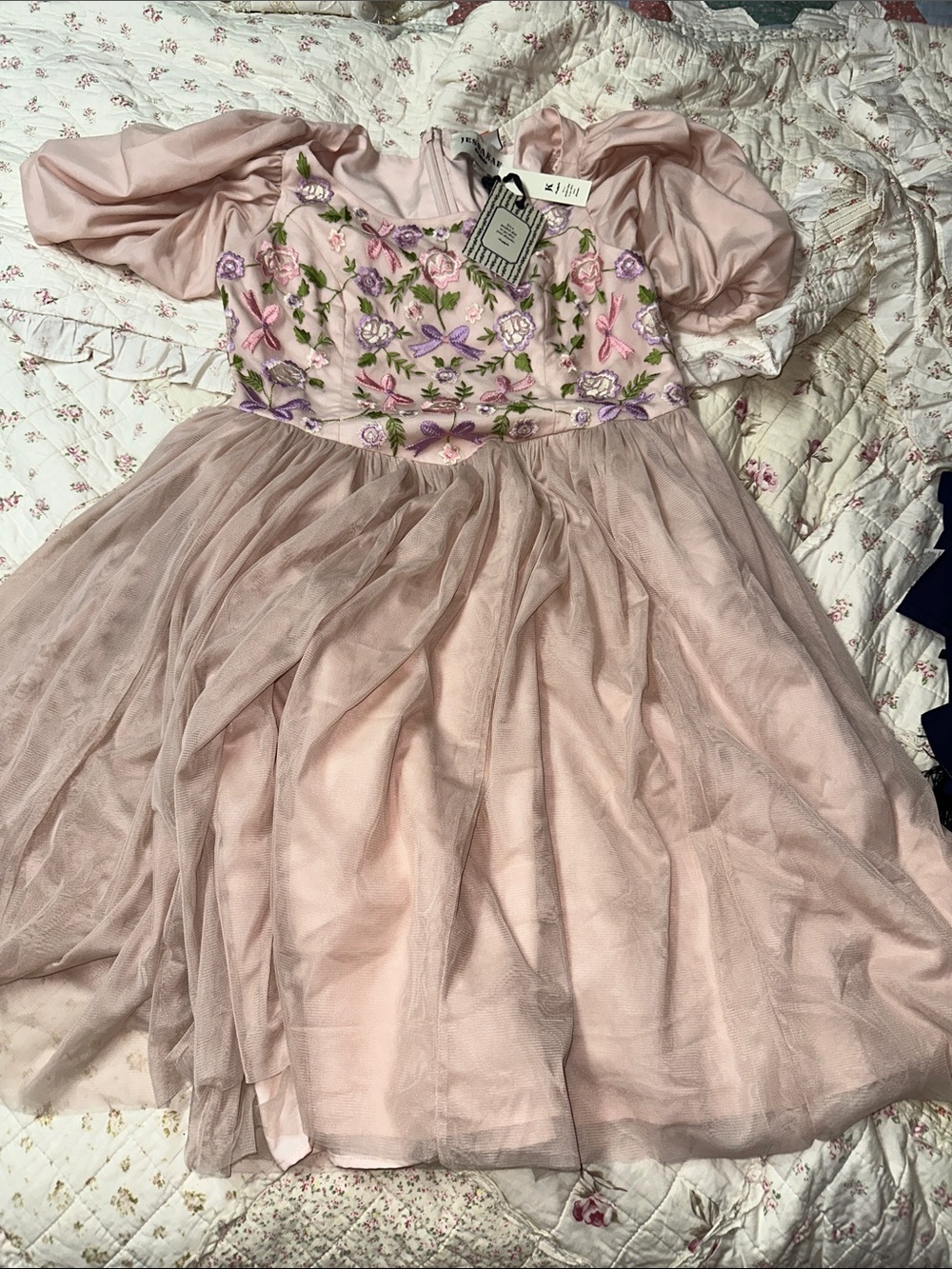 JessaKae Blush Pink Floral Embroidered Tulle Party Dress